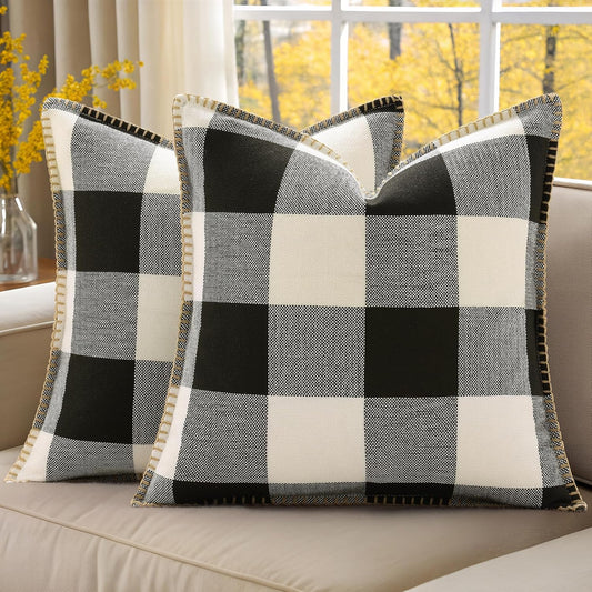 decorUhome Buffalo Plaid Check Throw Pillow Covers 16x16 Set of 2, Outdoor Decorative Farmhouse Neutral Pillow Covers with Stitched Edge for Bed Couch Sofa, Black and White