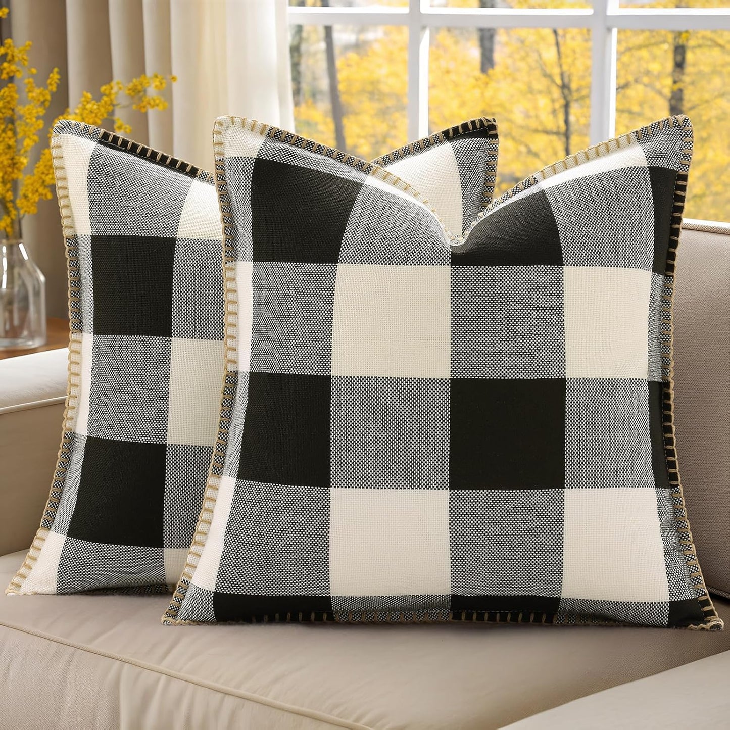 decorUhome Buffalo Plaid Check Throw Pillow Covers 22x22 Set of 2, Outdoor Decorative Farmhouse Neutral Pillow Covers with Stitched Edge for Bed Couch Sofa, Black and White