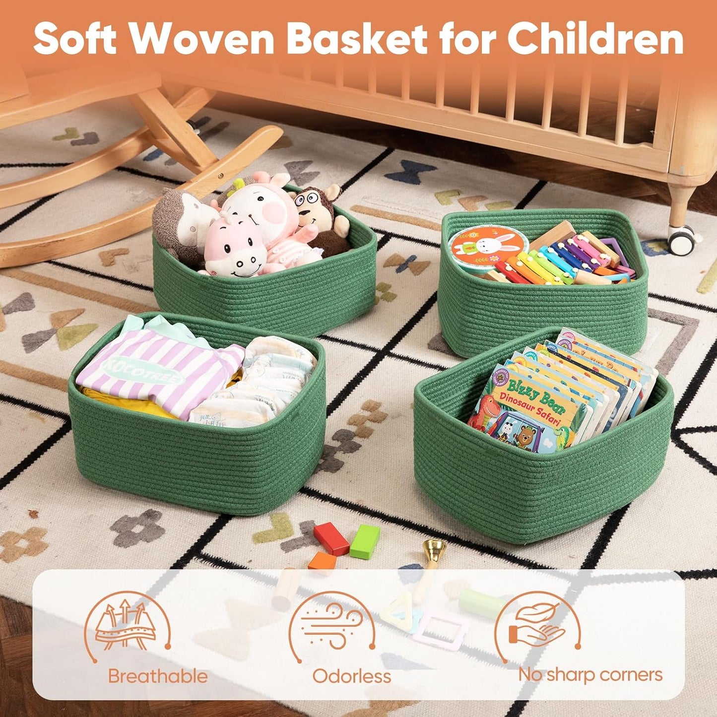 OIAHOMY 4 Pack 14.17*11.02*6.3IN Storage Baskets for Organizing Shelves, Woven Rope Baskets for Organizing Books, Clothes, Decorative Basket for Living Room, Nursery, Bedroom, Gift Basket, Green