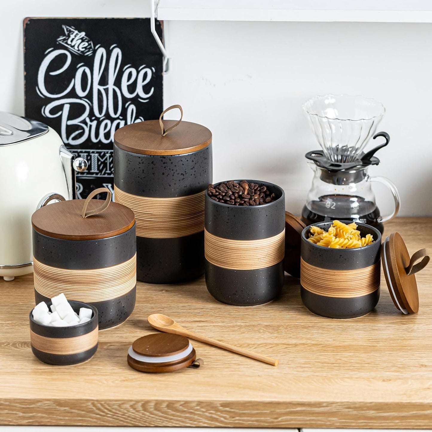 Small Ceramic Jar with Lid, Coffee Container Kitchen Food Storage Jars for Spice Sugar Tea Bag Matcha Container Airtight, Stacairtightkable Decorative Jars for Countertop, Black & 5oz