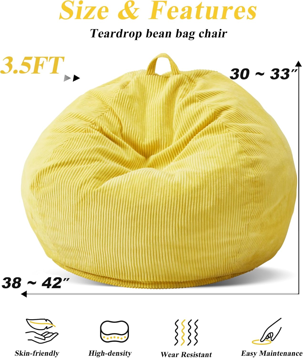 3.5FT Bean Bag Chairs Teardrop Bean Bag Chair for Adults Beanbag Chair with Memory Foam Filled Machine Washable Cover for Living Room, Bedroom (Large,Yellow)