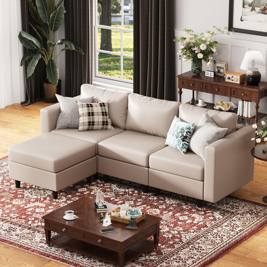 91.5" Faux Leather Modular Sectional Sofa, L Shaped Couch Set for Living Room, 3-Seater Comfy Cloud Couches with Movable Storage Ottoman,DIY Combination - Whitesand