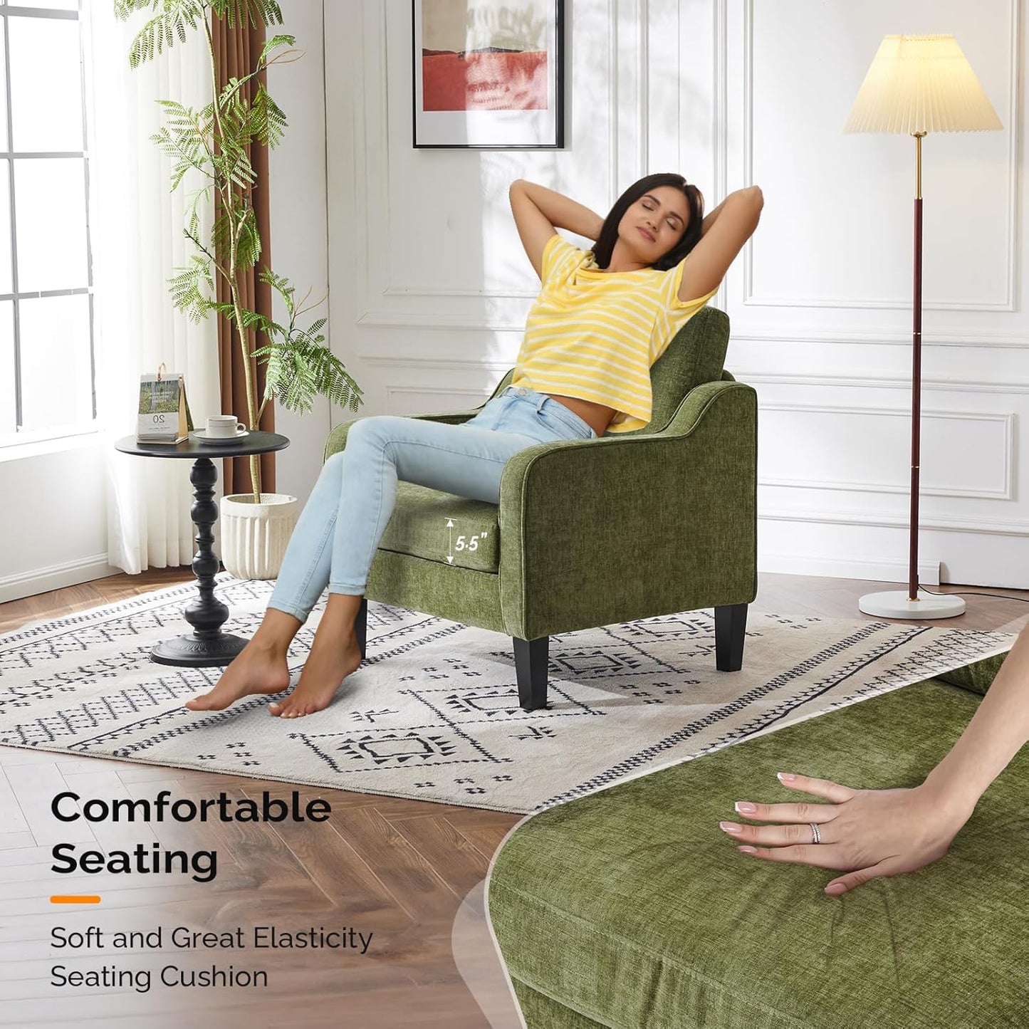 VINGLI Accent Chair for Living Room Chairs Olive Green Reading Chair for Bedroom Scooped Arm Chair Mid Century Modern Accent Chairs Upholstered Comfy Chair for Apartment, Waiting Room