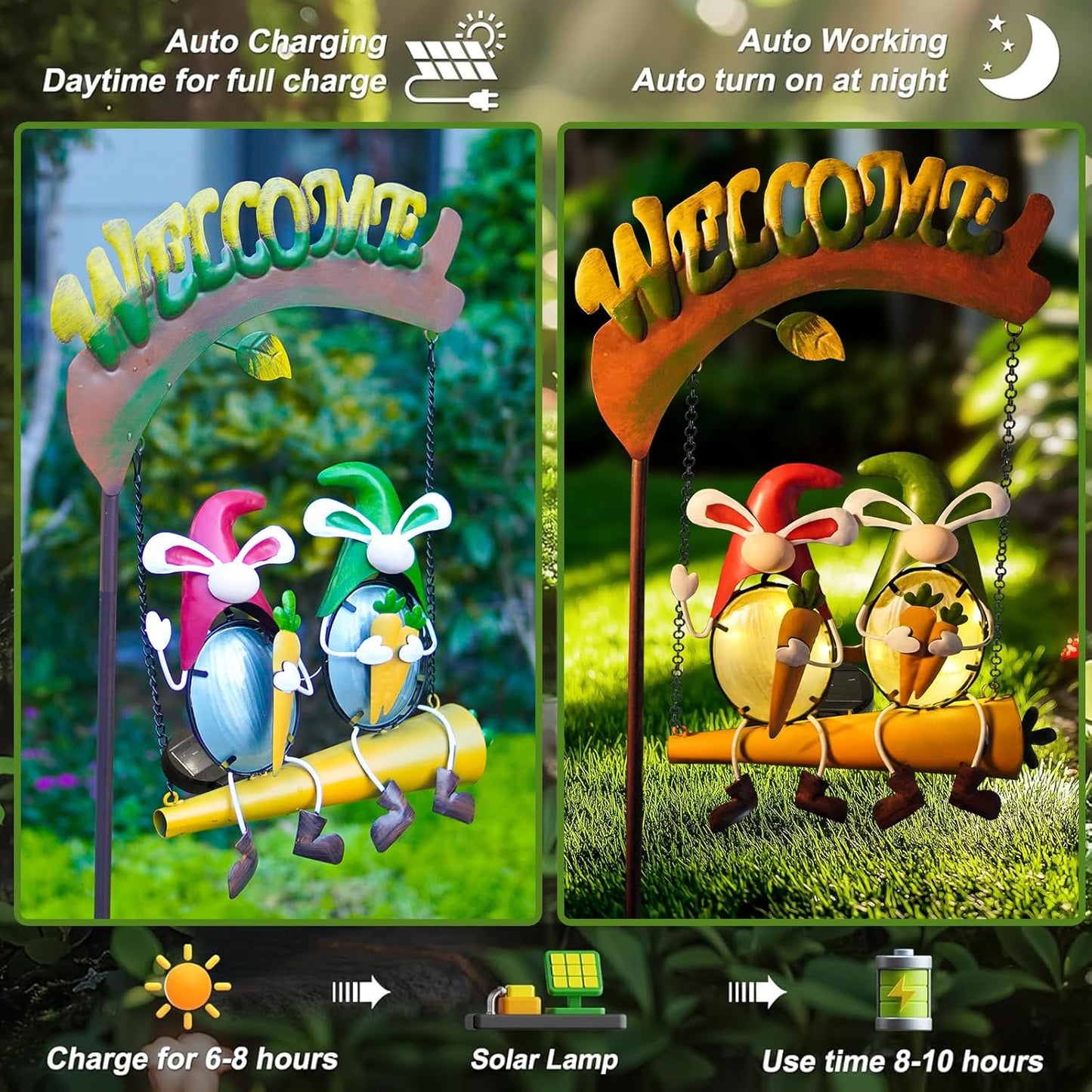 HONGLAND Solar Lights Outdoor Decor, Gnomes Swing Garden Decor, Funny Gardening Gifts for Women Mom, Gnome Outdoor Decorations with Welcome Sign for Front Porch Patio