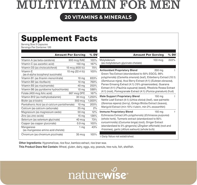 NatureWise Multivitamin for Men - Daily Male Support - Minerals & Herbs for Energy, Performance, Immunity - with Vitamin A, C, D, B-Complex - Soy & Gluten-Free, Non-GMO - 240 Capsules[6-Month Supply]