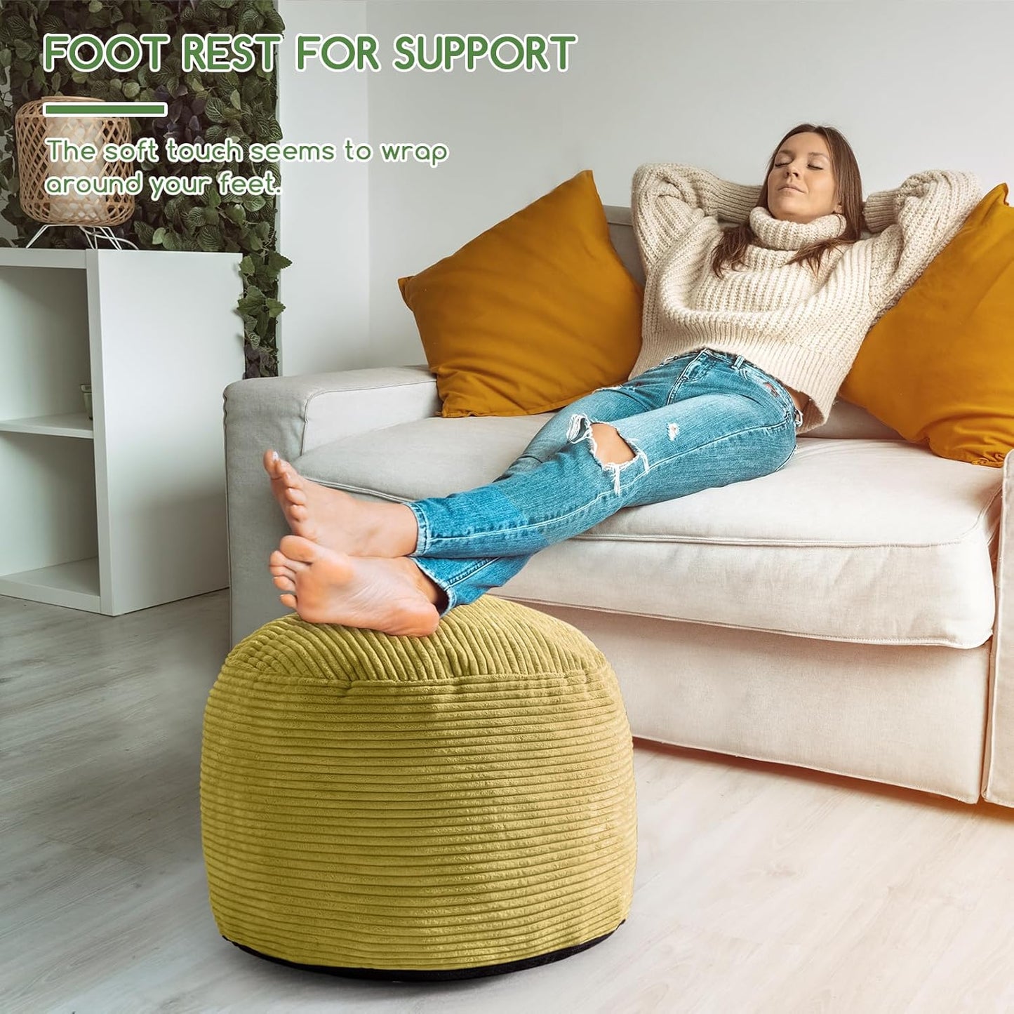 HIGOGOGO Round Stuffed Pouf Ottoman, Corduroy Poufs with Foam Chunk Filling, Furry and Fluffy Pouf Foot Stool Storage Ottoman, 20 X 15 Floor Poufs Foot Rest for Living Room, Green