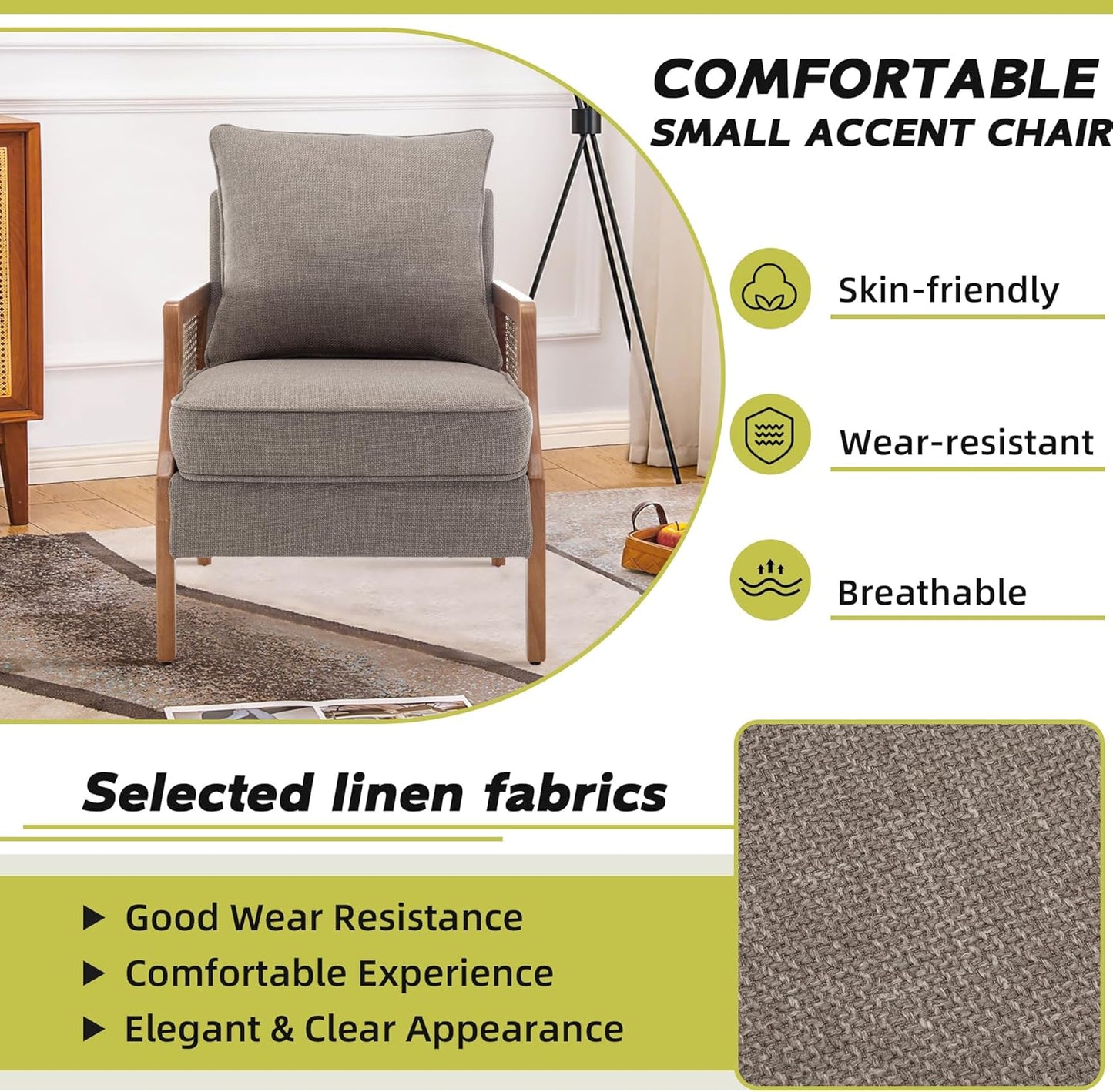 HAOBO Home Mid Century Modern Accent Chair Upholstered Living Room Chairs Armchair with Rattan Armrest Comfy Reading Chair with Wood Frame Lounge Side Chair with Waist Cushion Set of 2