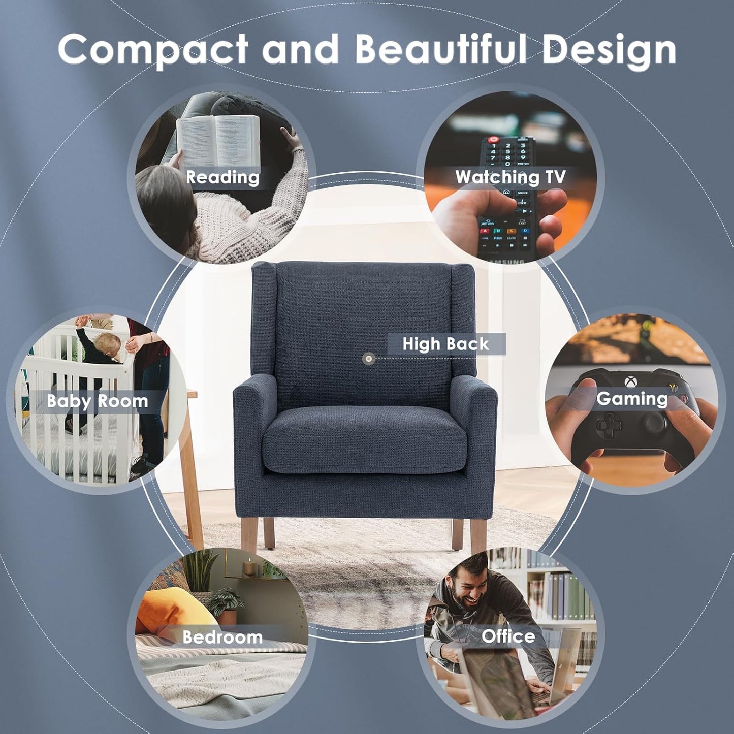 COLAMY Modern Wingback Living Room Chair, Upholstered Fabric Accent Armchair, Single Sofa Chair with Lounge Seat and Wood Legs for Bedroom/Office/Reading Spaces, Blue