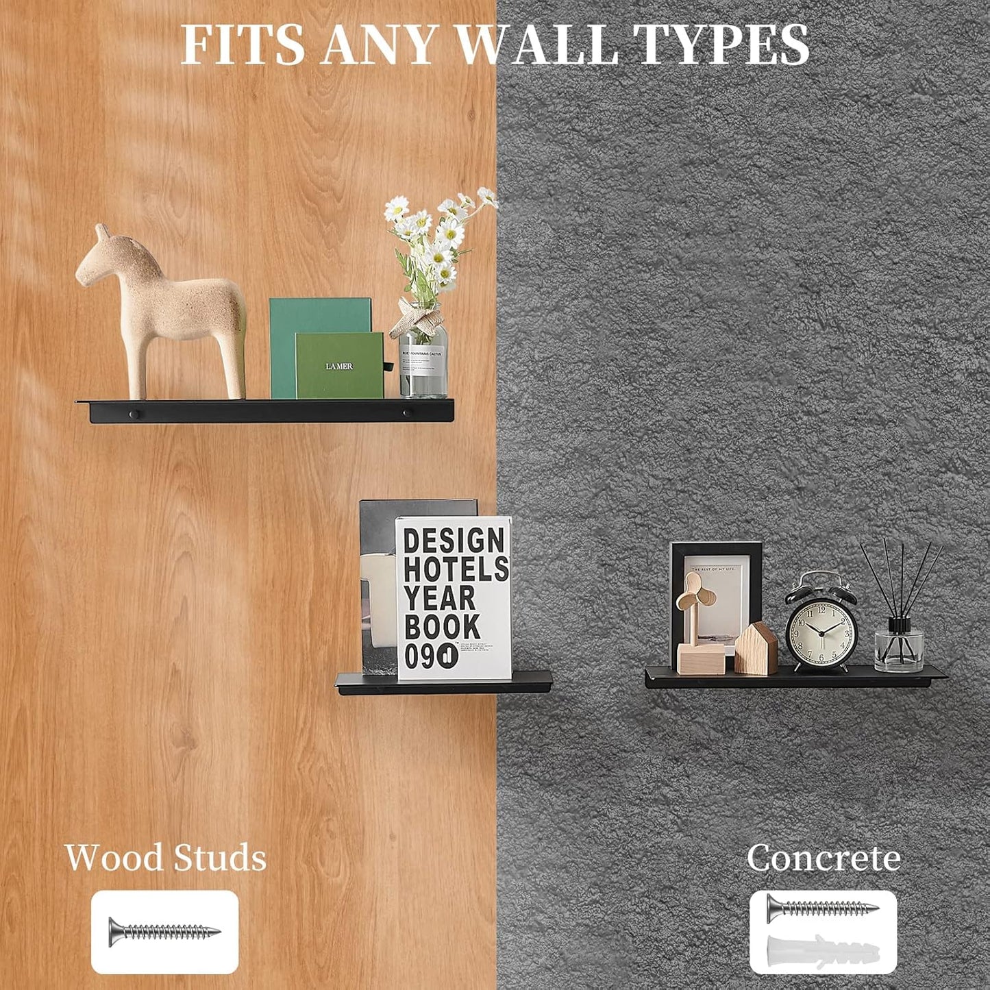 JOOM Small Metal Wall Floating Shelf - Metal Wall Shelf, Black Floating Shelf, Small Bathroom Shelf, Display Shelves for Wall Storage (Black, 20 in)