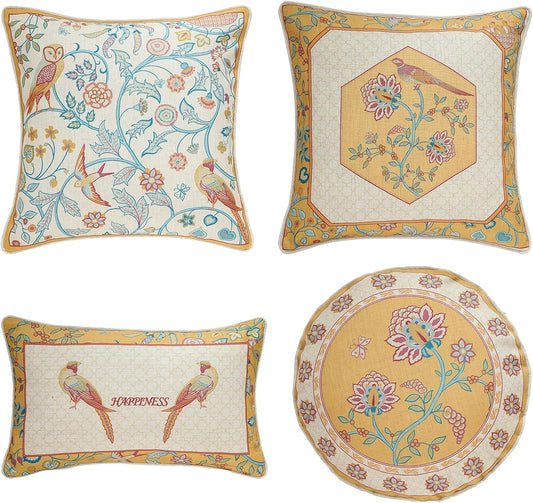 patdrea Design Yellow Linen Throw Pillow Covers Pack of 4, French Square Lumbar Round Pillowcase, Soft Durable Cushion Cases Pillowcase for Couch Bedroom Car Living Room 4 PCS