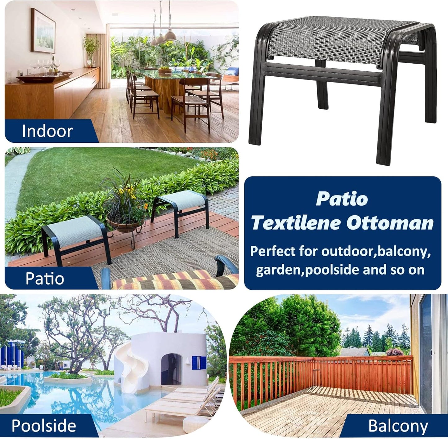 Outdoor Patio Ottoman Seat Textilene Portable Metal Footstool Portable Footrest Patio Chairs 2 Set Grey