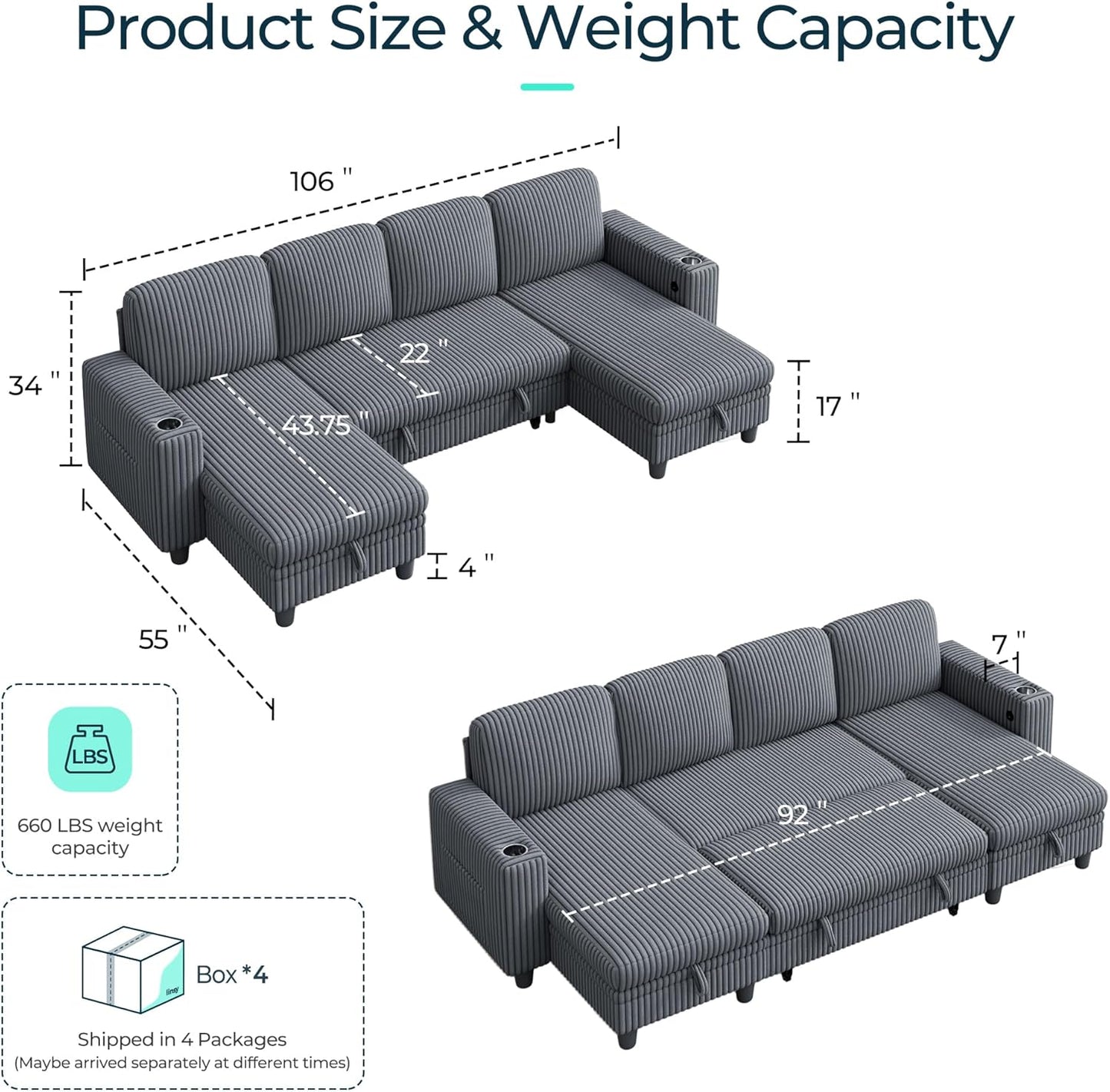 LINSY HOME Sectional Sleeper Sofa with Pull Out Couch Bed - Convertible Plush Corduroy Cloud Couch with Storage Chaise & USB Charging, Comfy U Shaped Modular Couches for Living Room, Grey