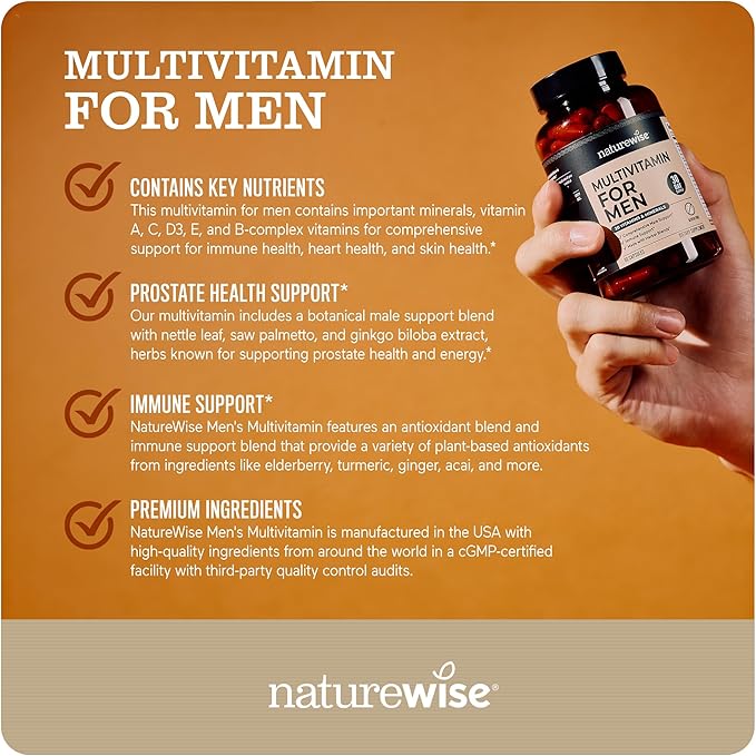 NatureWise Multivitamin for Men - Daily Male Support - Minerals & Herbs for Energy, Performance, Immunity - with Vitamin A, C, D, B-Complex - Soy & Gluten-Free, Non-GMO - 240 Capsules[6-Month Supply]