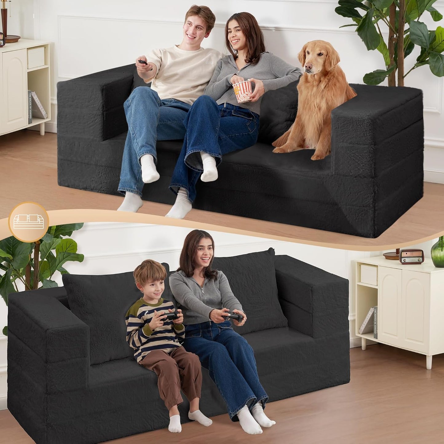 Folding Bean Bag Chair for Adults,3-in-1 Bean Bag Couch Faux Fur Floor Sofa Large Beanbag Convertible Bean Bag Sofa Bed with Pillow in Bedroom,Living Room,Apartment(Queen,Black)