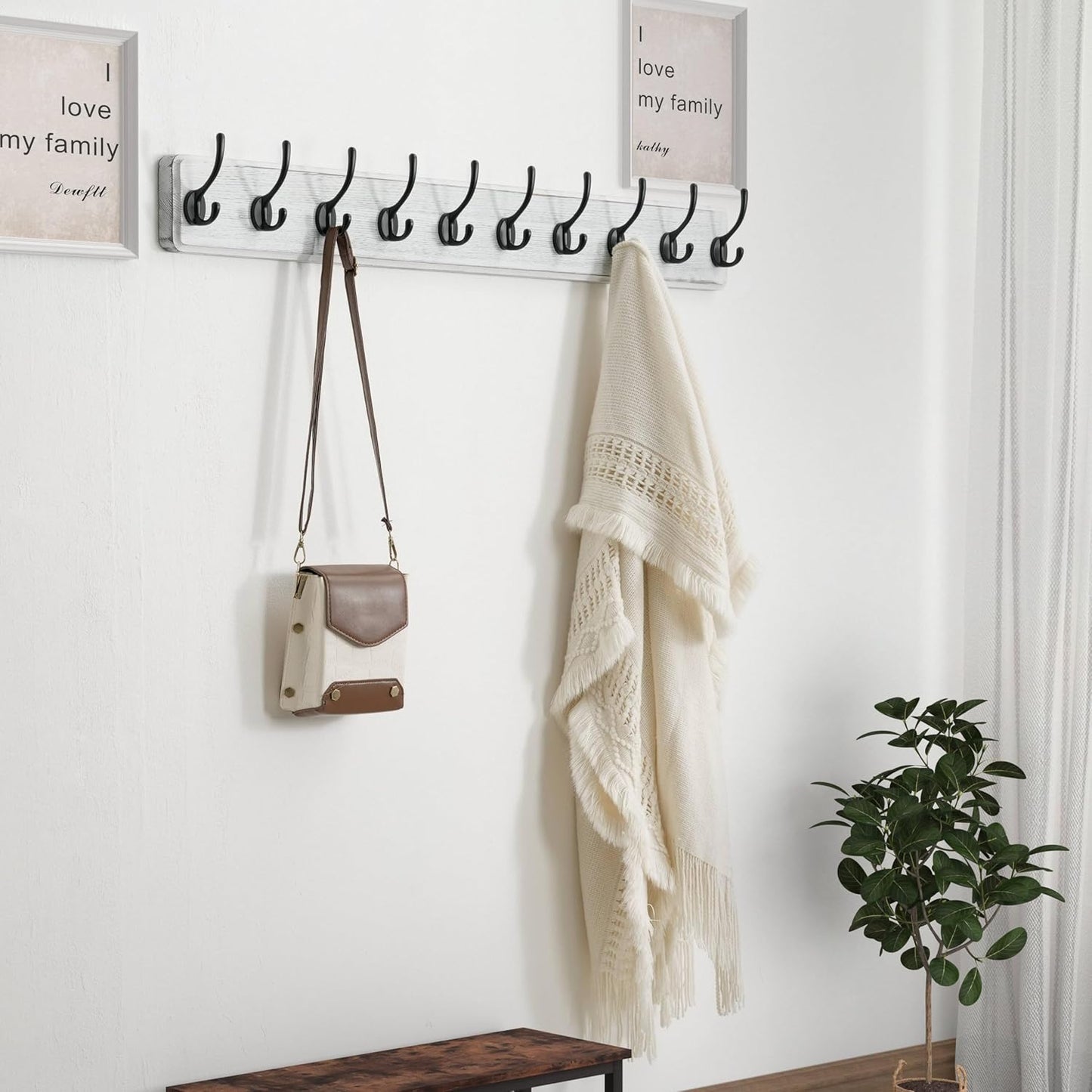 Dseap Wall Mounted Coat Rack: 38-1/4" Long, Patented, Heavy-Duty, 10-Double-Hooks Wooden Hanger Rail for Winter Coats, Hat, Jacket, Clothing - White & Black, Pack of 2