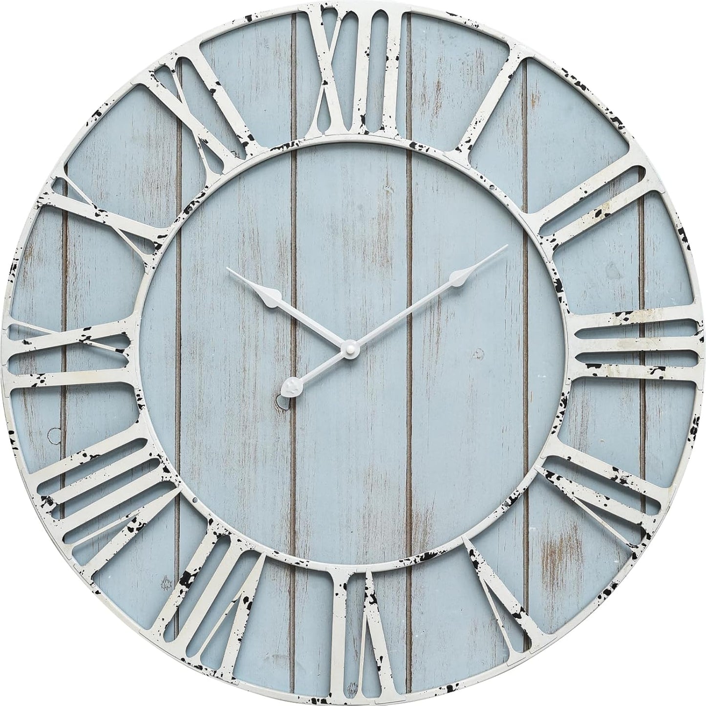 Large Farmhouse Wall Clock 24 Inch Vintage Blue Wooden Wall Clock with Quiet Ticking and Minimalist Roman Numerals for Bedroom Living Room Office Kitchen Home Decor, Battery Operated