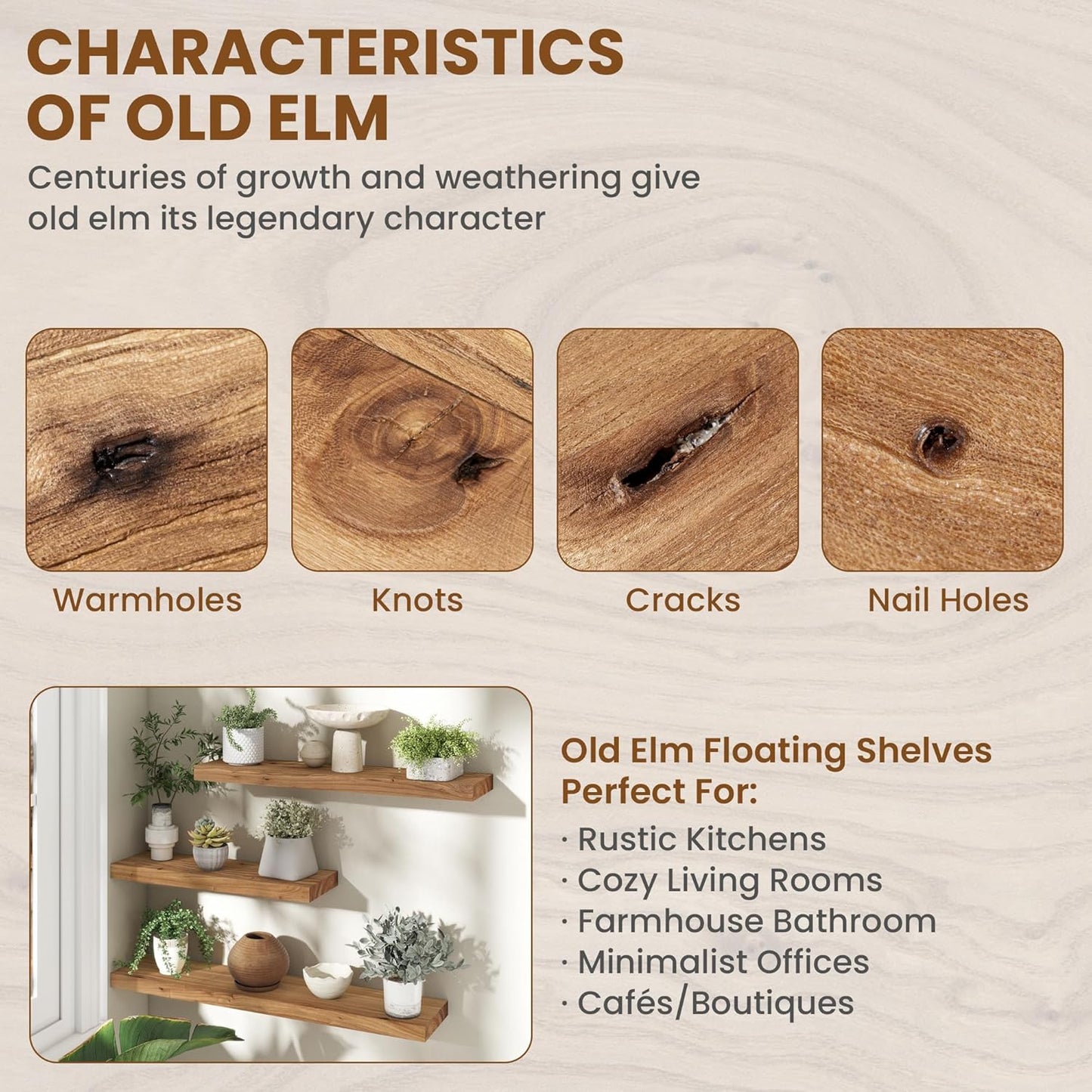 72" Floating Shelves for Wall, Rustic Elm Wood Floating Shelf for Home Decor, Wall-Mounted Display Shelves with Heavy-Duty Bracket, Long Floating Shelf for Bathroom, Kitchen, Natural Color