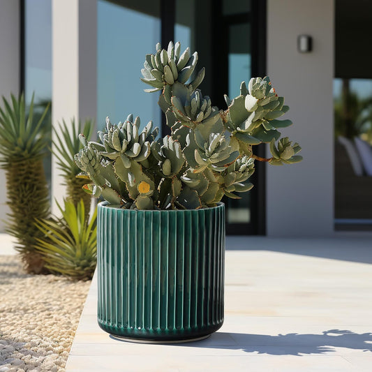 LuxenHome 11" Dia Jade Green Glazed Ceramic Planters, Large Outdoor Indoor Plant Pots with Drainage Hole and Rubber Plug, Modern Round Ribbed Flower Pots Planters for Home Garden Patio Office