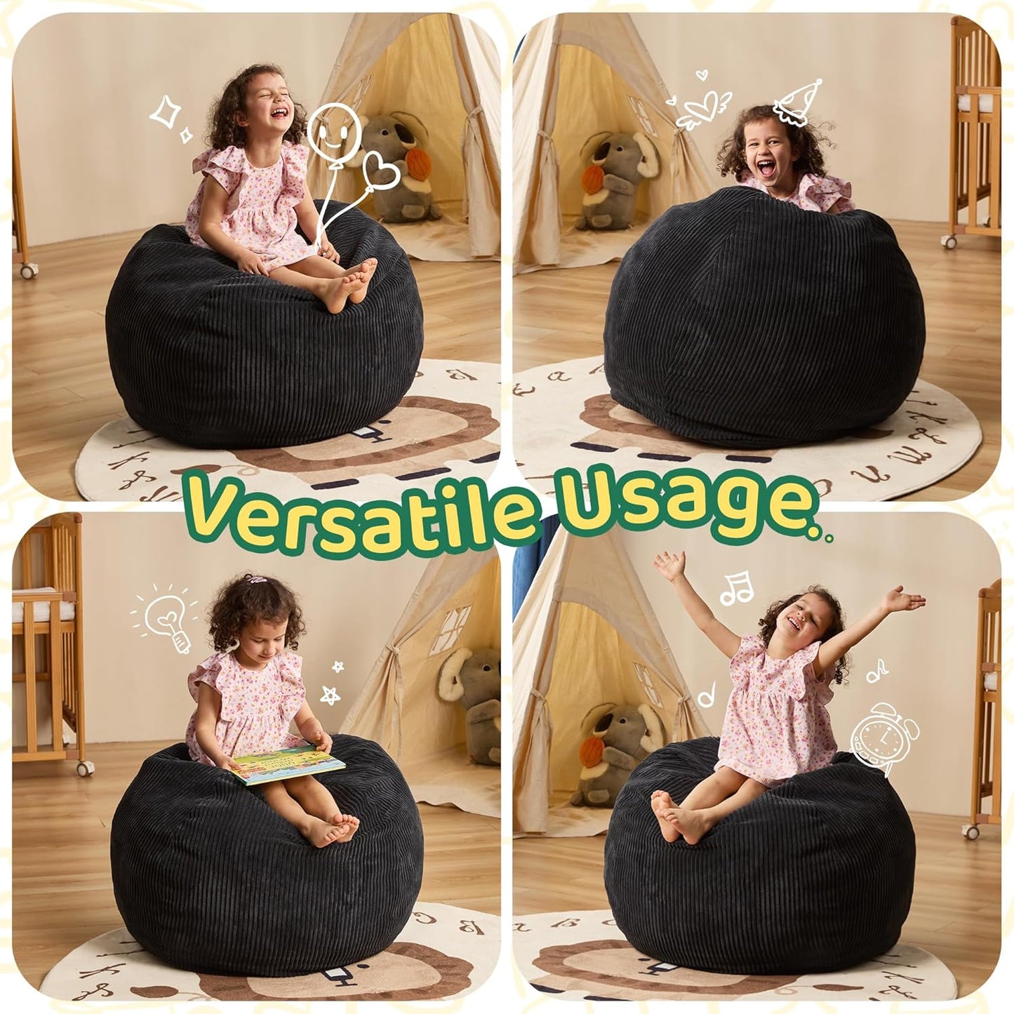 Bean Bag Chairs Teardrop Bean Bag Chair Beanbag Chair with Memory Foam Filled Machine Washable Cover for Living Room, Bedroom (Small,Black)