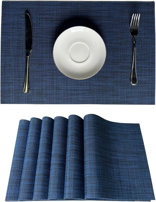 WAZAIGUR Placemats Set of 6 for Dining Table Heat-Resistant Washable Place Mats Woven Vinyl Kitchen Table Mats Easy to Clean,Navy Blue