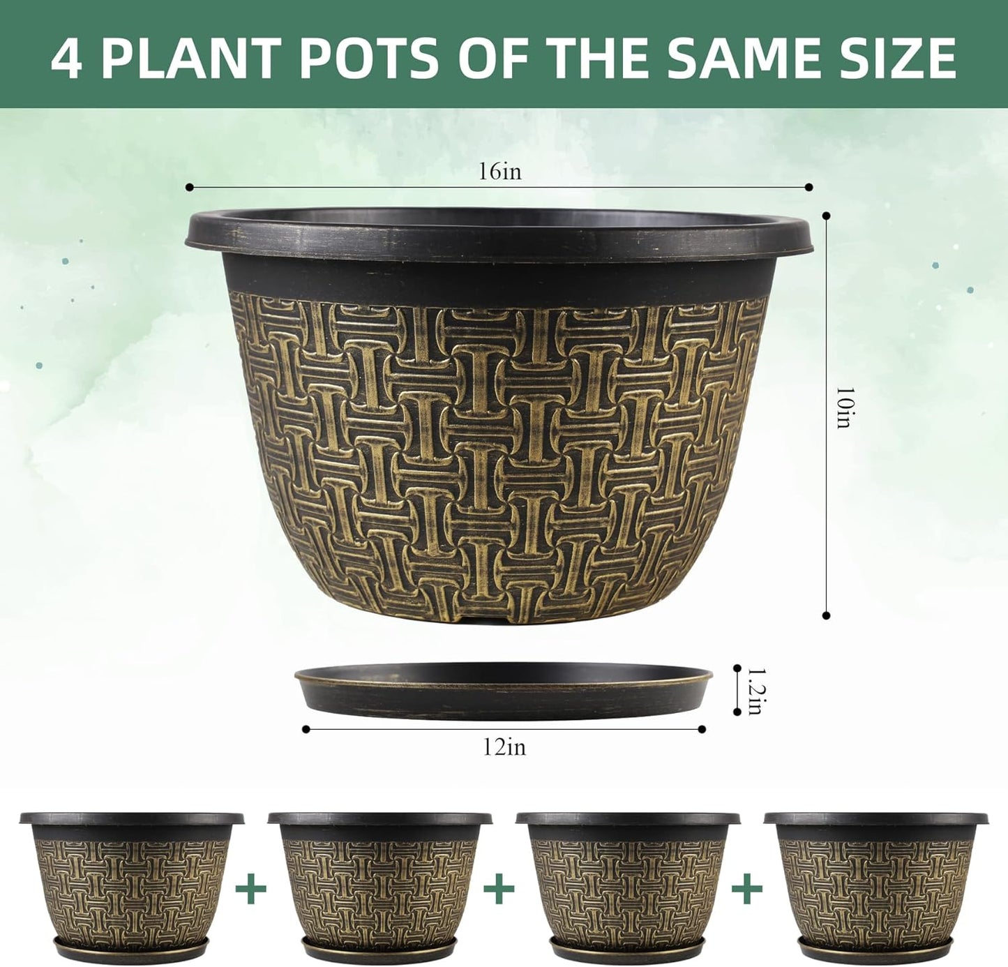 4 Pack 16 Inch Planter,Large Plastic Flower Pots Outdoor Indoor with Drainage Holes & Trays, Retro Antique Imitation Decorative Garden Plant Pots Outdoor for Houseplants