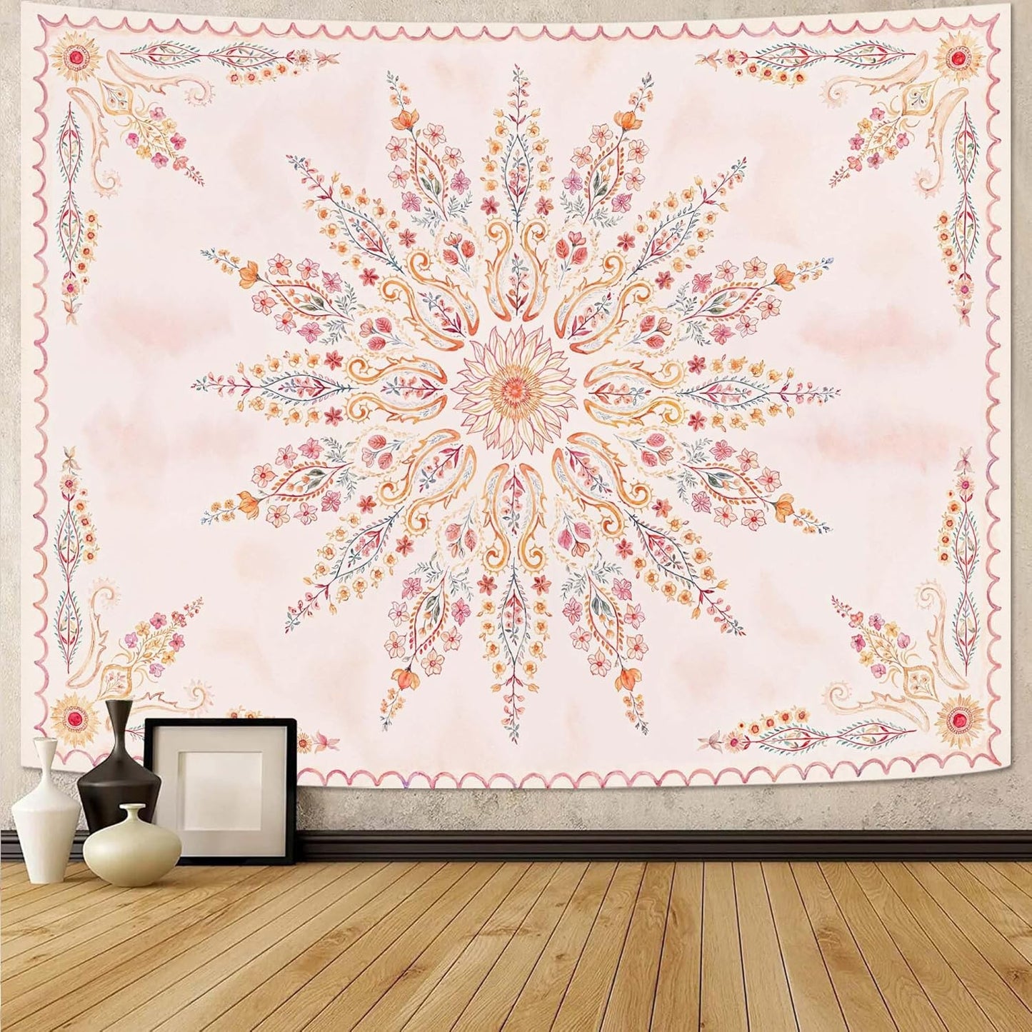 Fowocu Boho Floral Mandala Tapestry for Bedroom Aesthetic Pink Bohemian Flower Wall Tapestry Watercolor Hippie Indian Small Tapestries Wall Hanging for Living Room Dorm Decor 40 x 30 Inch