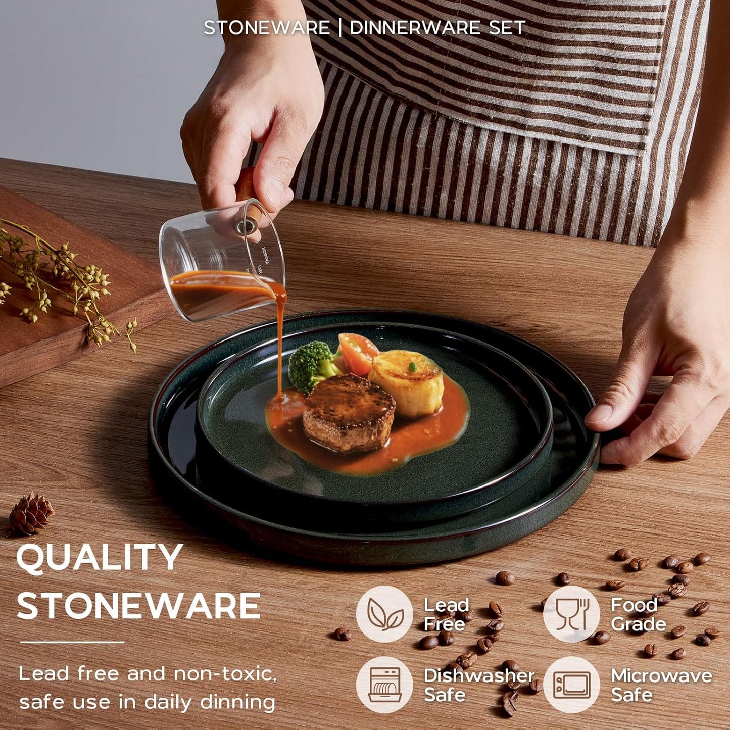 Onader Stoneware Dinnerware Sets for 4, Reactive Glaze Plates and Bowls Sets, Ceramic Dish Dinner Set with Rustic Terracotta Bottom, 12 Piece Elegant Dishware - Emerald Green