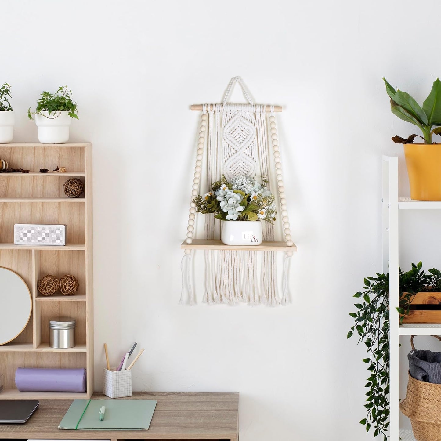 Wooden Macrame Wall Hanging w/Shelf & Sturdy Beaded Rope - Handmade Modern Living Room Decor - Macrame Wall Decor to Securely Hold Plants & More - Beautiful Boho Decorations for Interior Design