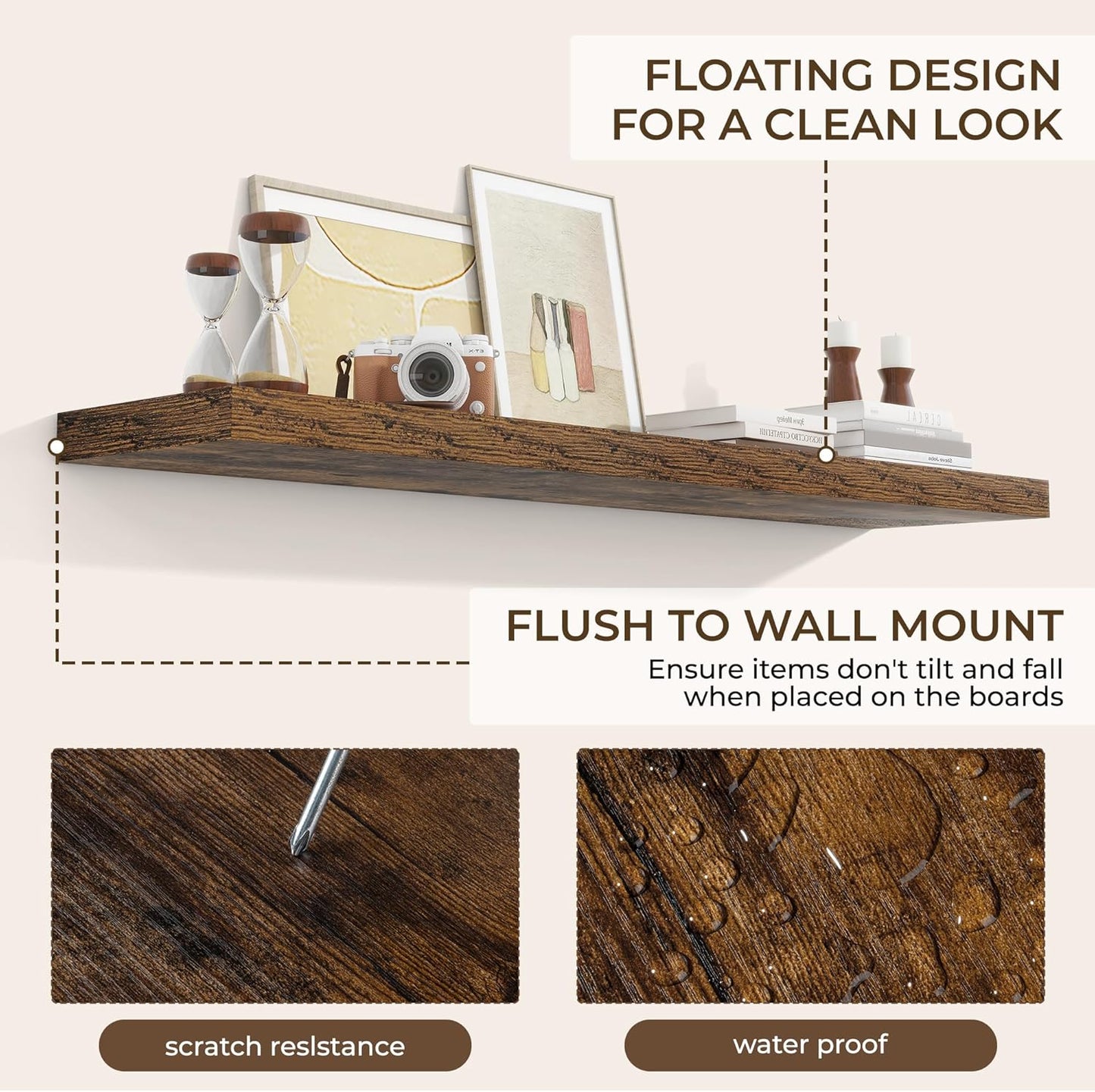 RICHFOCUS 55Inch Floating Shelves for Wall 1 Pack Shelves for Bedroom|Kitchen|Bathroom Wall Mounted Rustic Wood Floating Shelf with Invisible Brackets for Books|Storage|Decor, Rustic Brown