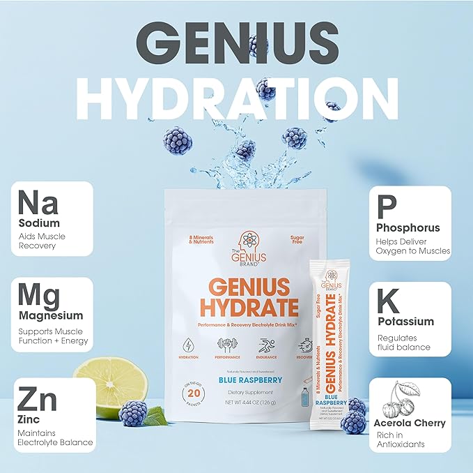 Genius Hydrate Stick Pack Powder Drink Mix – Blue Raspberry Flavor, Natural Electrolyte Booster with Coconut Water & Potassium for Ultimate Hydration -20 Packets