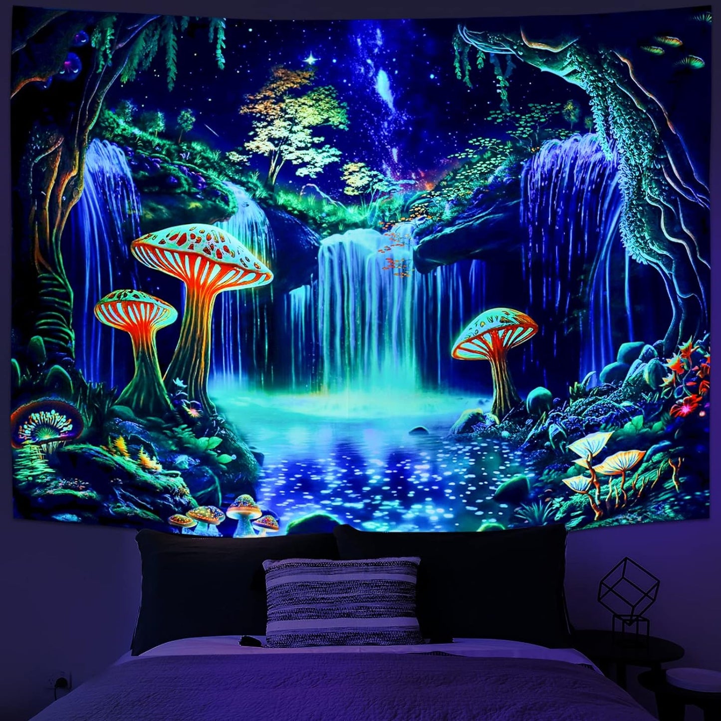 Ameyahud Blacklight Fantasy Forest Tapestry UV Reactive Waterfall Tapestries Starry Sky Tapestry Neon Nature Plant Wall Hanging Decor for Home