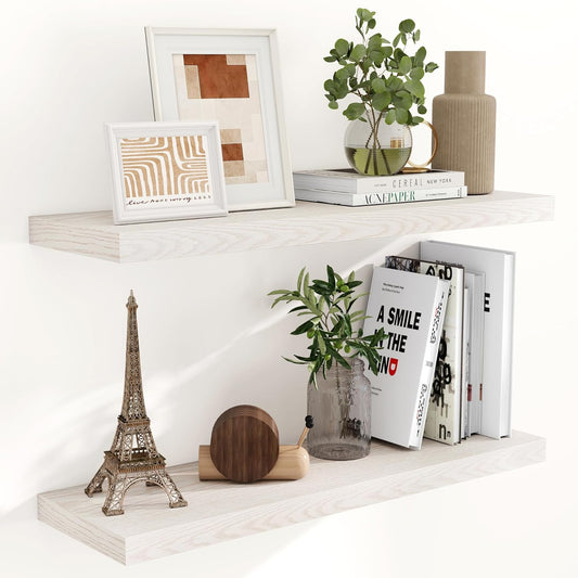 Fun Memories Rustic Wood Floating Shelves for Wall, 36 x 9 Wall Shelves Set of 2, Deep Floating Shelf for Kitchen, Living Room Storage & Display, Deep Wooden Bookshelf, Brich Color