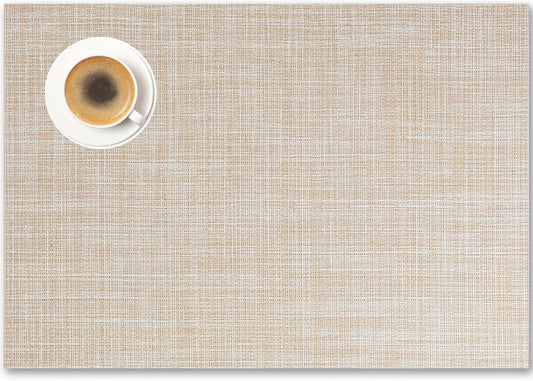Placemats Set of 6 - Easy Clean Woven Vinyl Placemat for Dining Table, Indoor/Outdoor Place Mats, Washable PVC Table Mats（Beige）