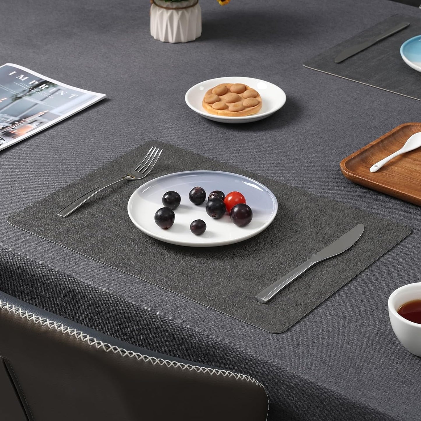 Myir JUN Placemats Dual Sided, Faux Leather Place Mats Set of 4 Indoor Placemat for Dining Table Outdoor Place Mat Square Non-Slip Washable Table Mats (Gray Brown, Set of 4)