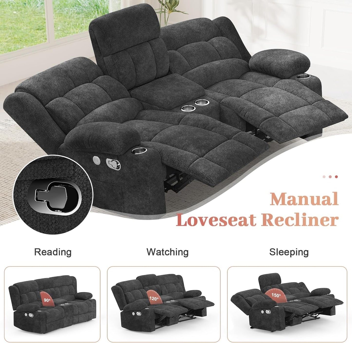 Recliner Sofa Set with 2+1+1 Pieces, Fabric Manual Pull Tab Reclining Loveseat with Storage Console, Single Recliner Chair for Living Room, RV, Grey