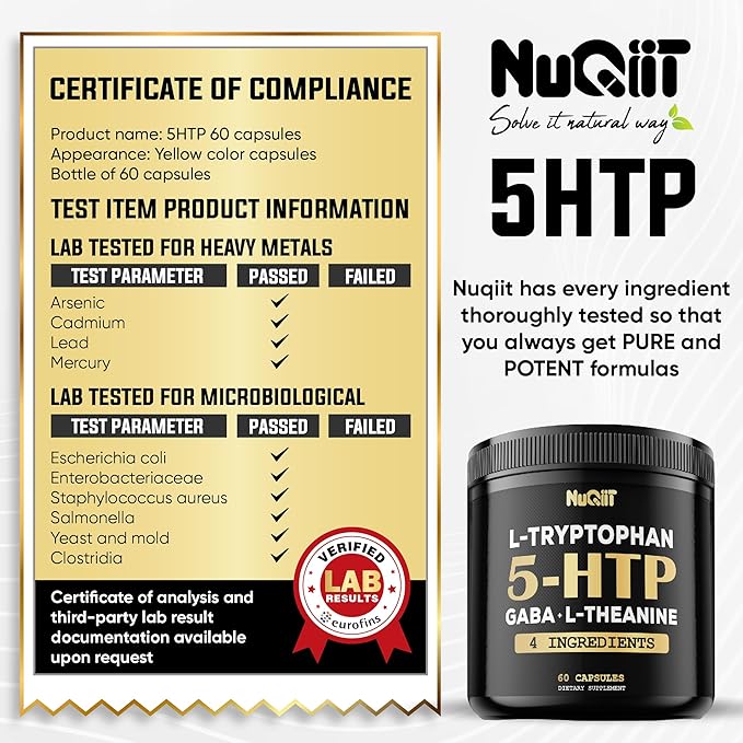 5 HTP 200mg GABA 500mg L-Theanine 200mg L-Tryptophan 100mg Supplement - Support Brain, Circulation Health, Concentration & Rest Well - 60 Capsules for 1 Month - 4in1 Premium Blend