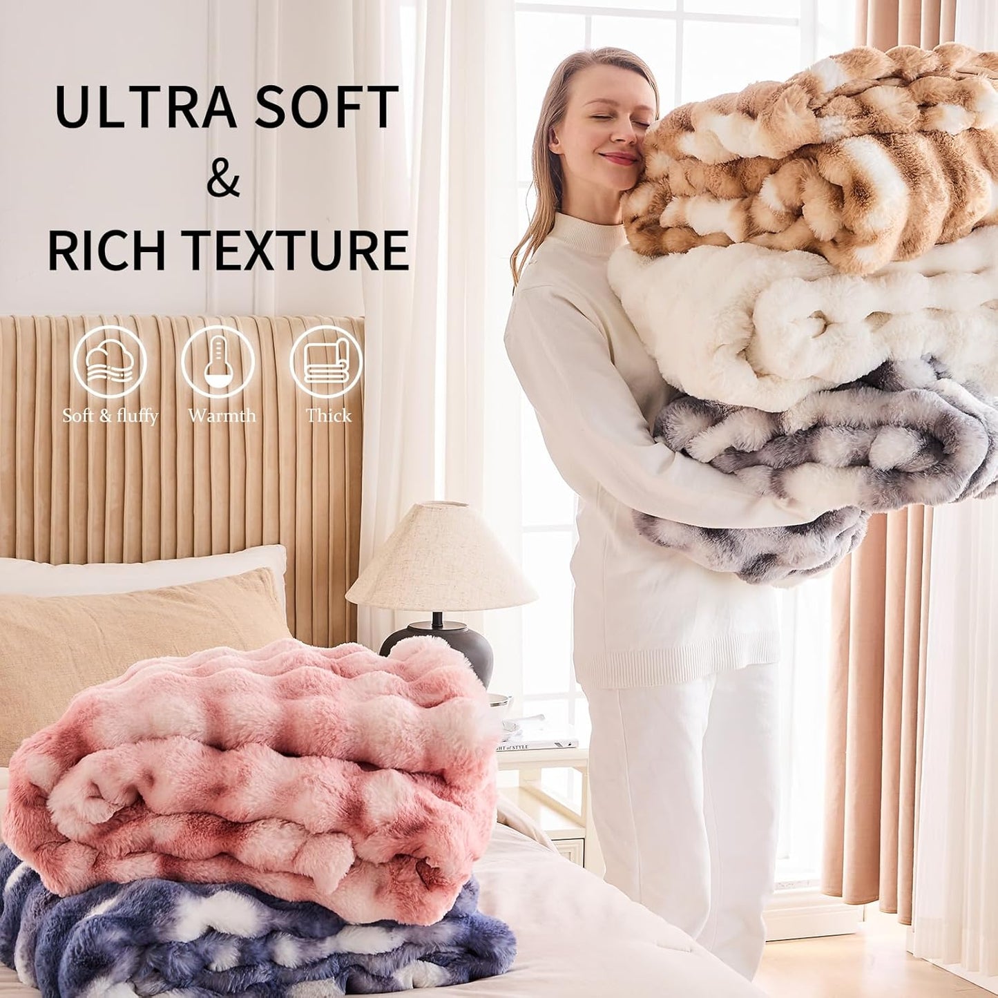 Cozy Faux Fur Throw Blanket for Couch-Warm Fuzzy Throw Blanket, Soft Plush Thick Bubble Blankets for Bedroom and Living Room, Furry Luxury Blanket, 60 x 80, Tie-Dye Pink