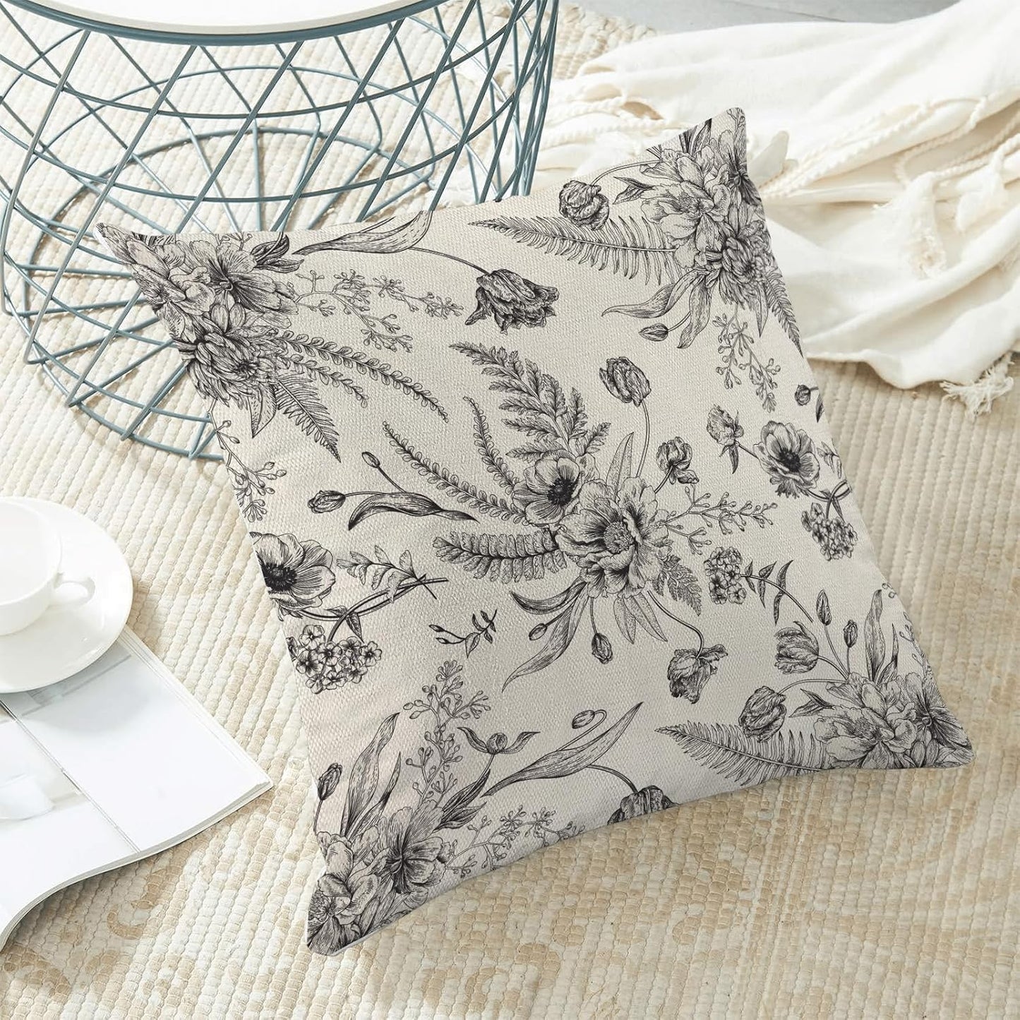 CXMEIFLY Spring Floral Leaves Pillow Covers 20 x 20 Inch Set of 2 for Chinoiserie Flowers Decor Throw Pillows Black and White Seasonal Plant Outdoor Decorative Cushion Cases for Couch Bed Decorations