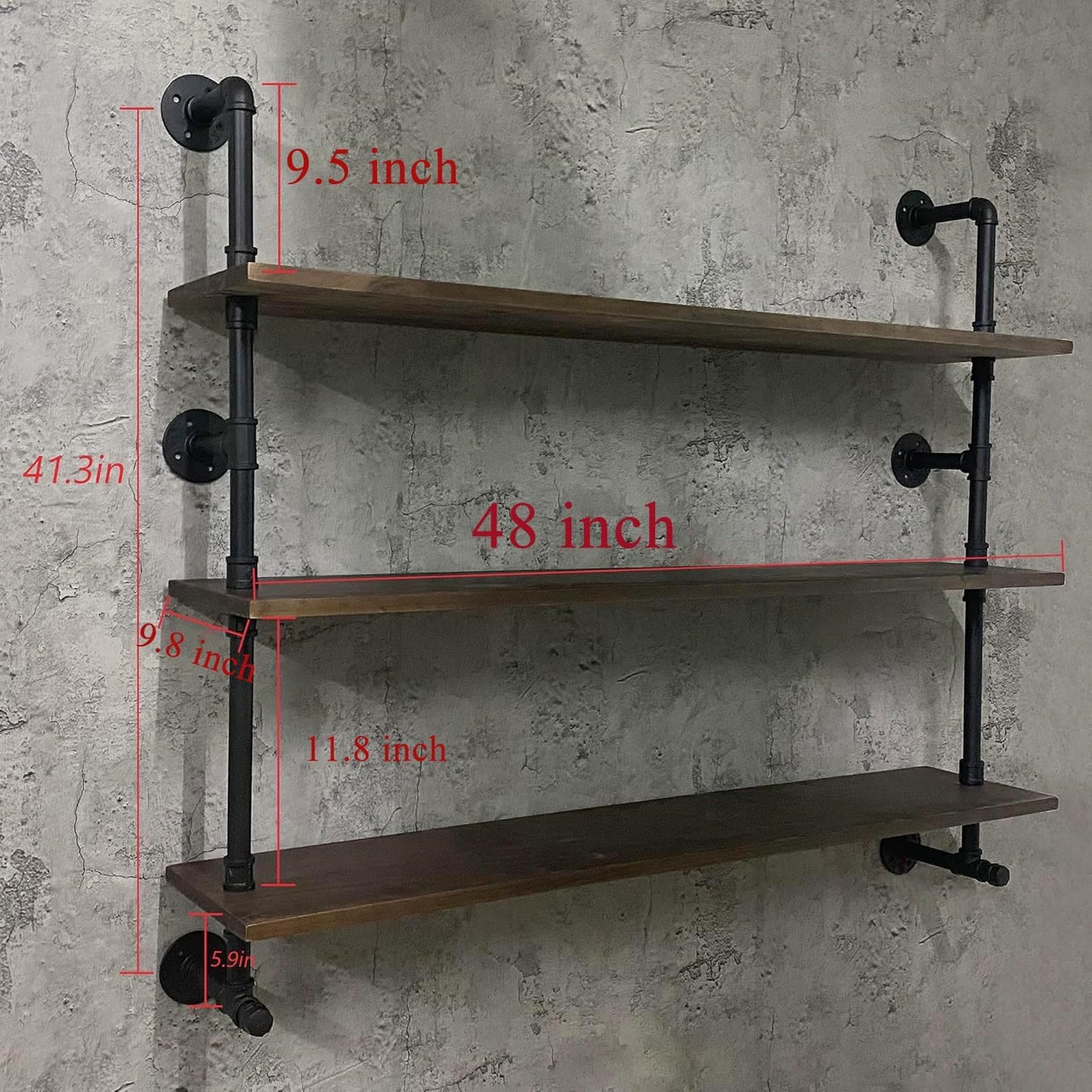 Industrial Pipe Wall Shelves Pipe Shelving with Real Wood Plank ,48 Inches Floating Shelves for Wall Farmhouse Pipe Book Shelves Dark Brown 3 Tier for Kitchen,Living Room Decor and Bar Shelving