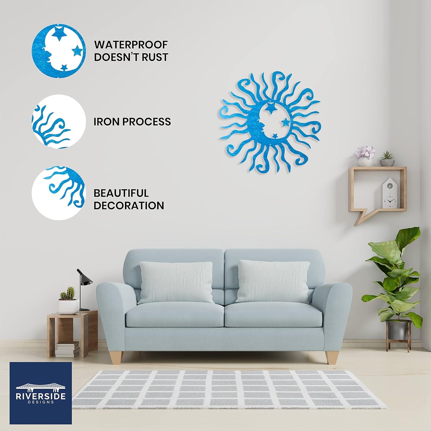 Riverside Designs Wacky Solar Moon Metal Wall Art Steel Outdoor Decor | Heavy-Duty and Waterproof | Made in USA (Teal, 18L x 18W)