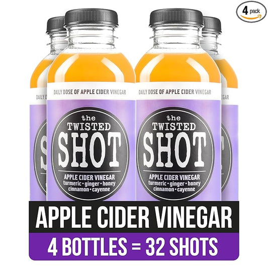 The Twisted Shot | Apple Cider Vinegar Wellness Shots with Honey, Cinnamon, Ginger and Turmeric | Digestion, Immunity and Gut Health Support | Ready to Drink Shots | 100% Organic | 4, 16 oz Bottles