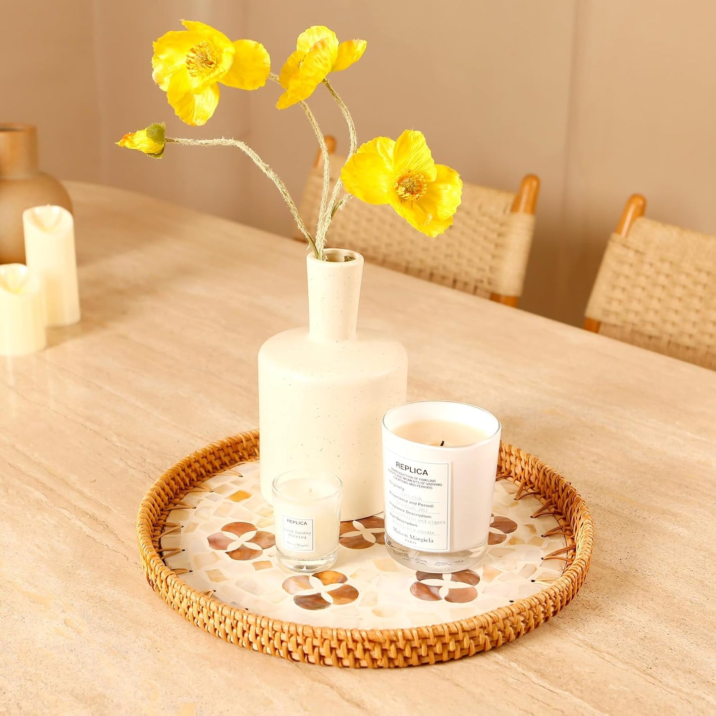 Round Rattan Tray with Mother of Pearl Inlay & Wooden Base - Decorative Wicker Serving Tray for Coffee/Bread/Fruits, Food Storage & Display - Multipurpose Home Decor (L,Four-Petal Flower)