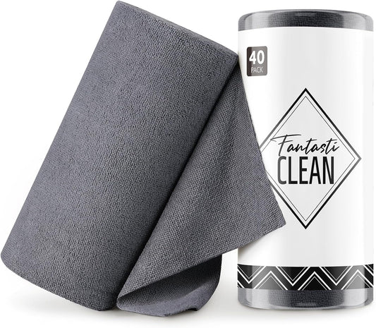 Fantasticlean Microfiber Cleaning Cloth Roll -40 Pack, Tear Away Microfiber Towels, 12" x 12", Reusable, Washable, Scratch Free, Ultra Absorbent Dish Rags for Car, Home, Garage or Shop (DimGrey)