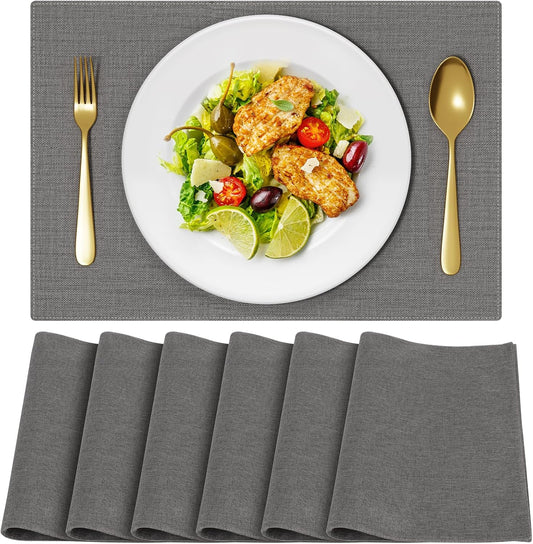 Cloth Placemats, Set of 6 Heat-Resistant Cotton Linen Blend Double Layered Machine Washable Place Mats, Wrinkle Free Thick Fabric Dining Table Mats for Indoors & Outdoors (Dark Grey, 6)