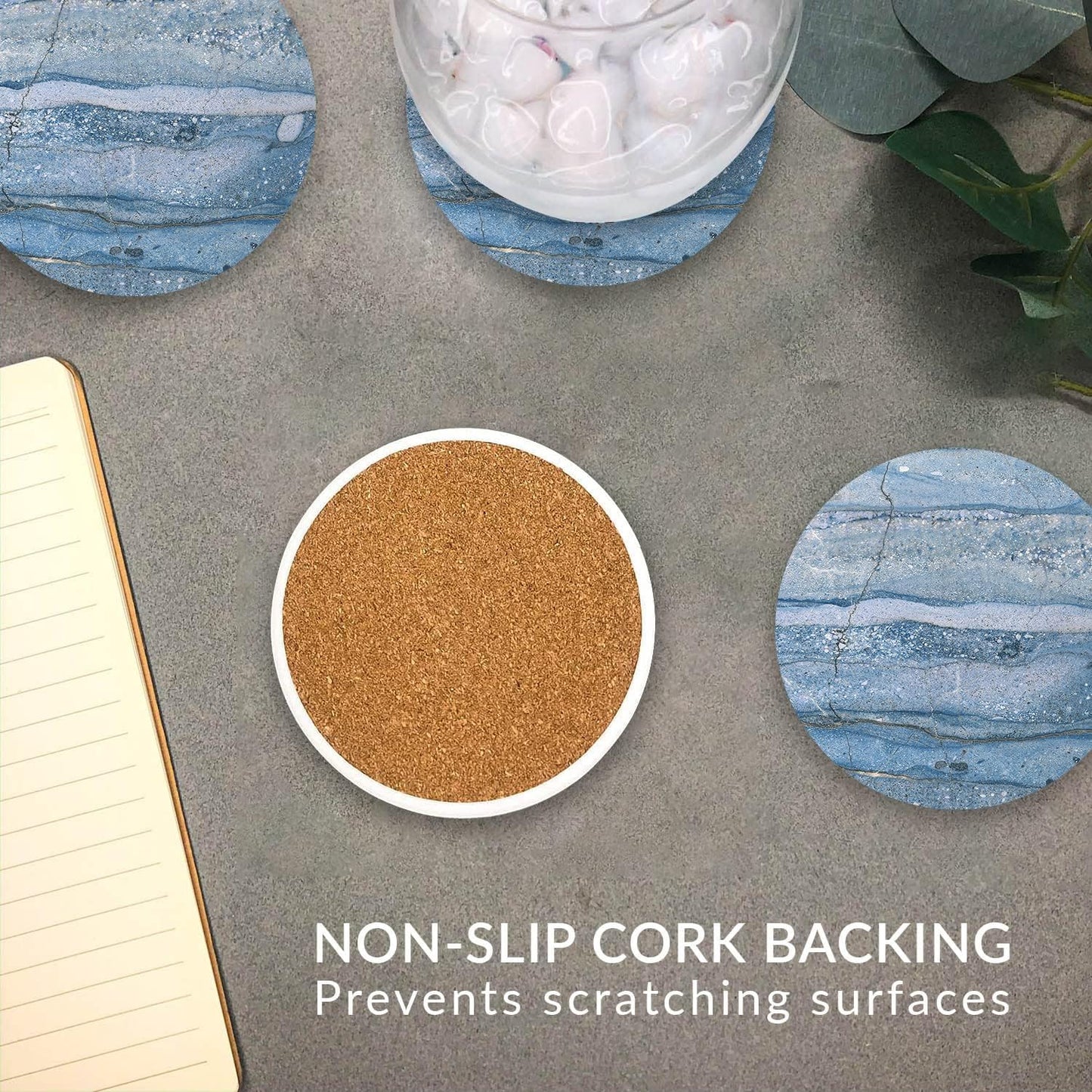 Emerson Coasters for Drinks Absorbent – Natural Stone Drink Coasters Set with Holder, Coasters for Coffee Table, Wooden Tabletop Protection Marble Style – 100% Heavy Duty Set of 6 (Beach)