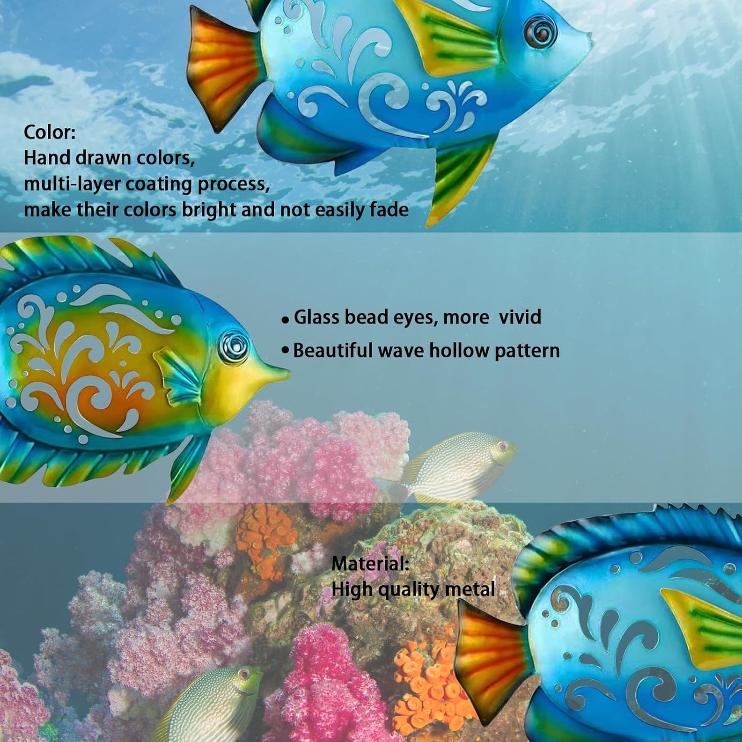 Metal Fish Wall Decor Coastal Ocean Sea Hanging Decorations Metal Fish Art Outdoor Wall Sculptures Garden Patio Fence Pool Decor