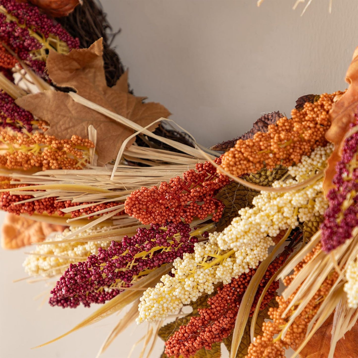 Glitzhome 24" D Fall Sorghum Wreath with Metal Hanger, Harvest Wreath for Front Door, Fall Door Wreaths for Indoor Outdoor Thanksgiving Harvest Holiday Decorations