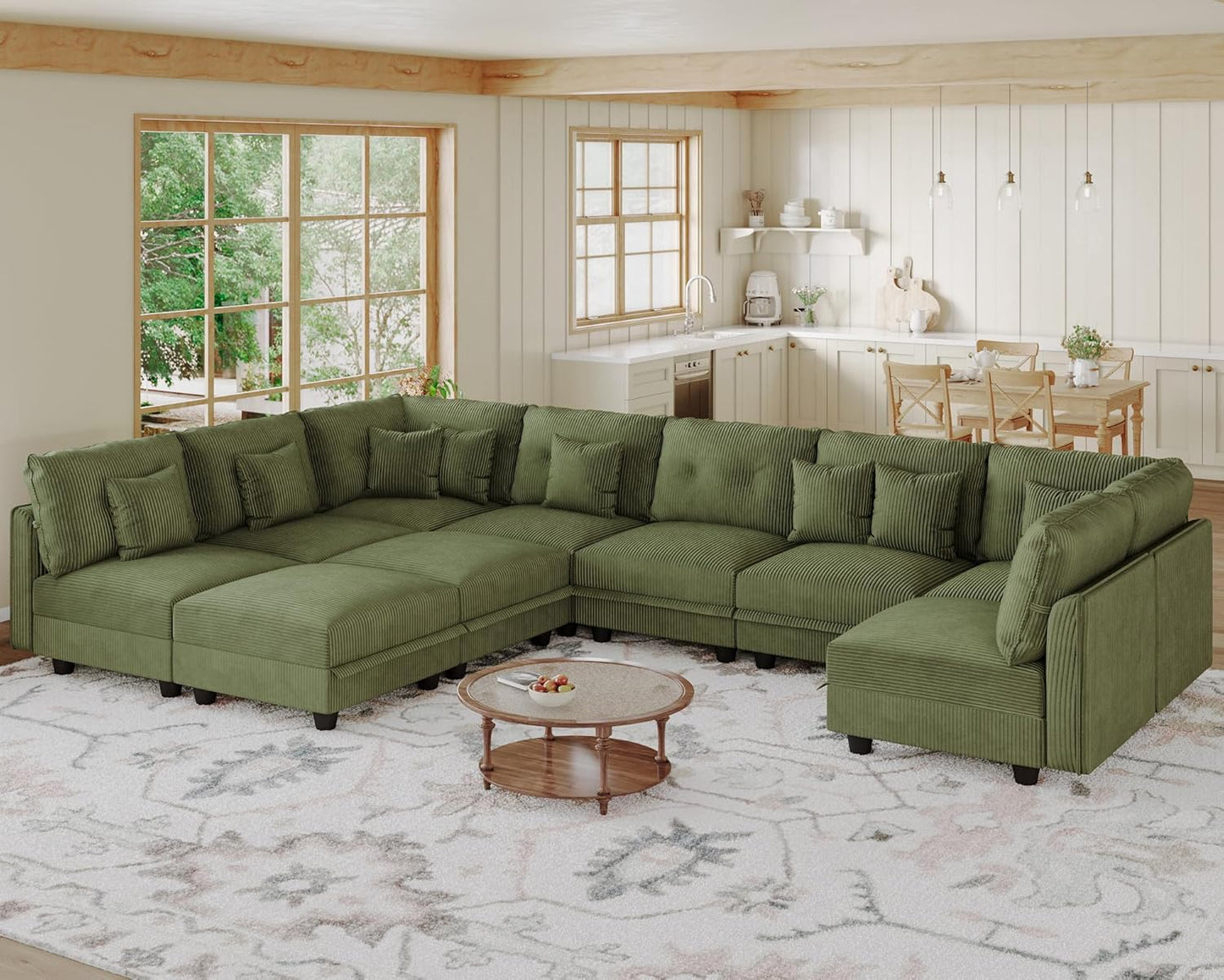 LLappuil Modular Sectional Sofa with Storage Seats, Corduroy Convertible Modular U Shaped Sectional Couch for Living Room, 10 Seat Oversized Sofa with 10 Back Cushion 10 Throw Pillow, Green