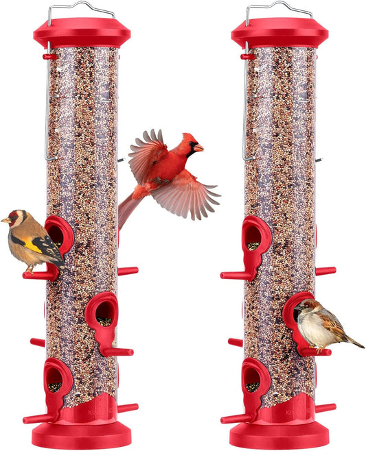 Kingsyard 2 Pack Tube Bird Feeders for Outdoors Hanging, Premium Hard Plastic Bird Feeder with 6 Feeding Ports, Weatherproof & Steel Hanger, Attracting for Wild Birds (Red)