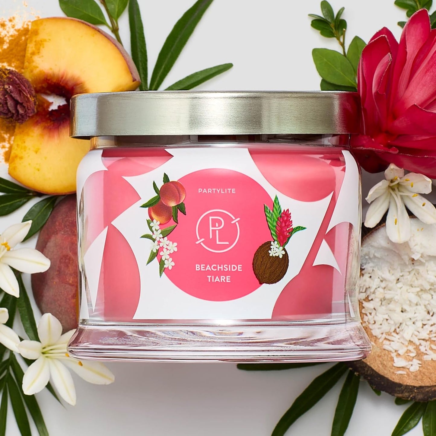 PartyLite Beachside Tiare Scented, Notes of Gardenia, Coconut, Red Hibiscus, Peach & Ylang Ylang, 13.2oz 3-Wick Jar Candle, 45 Hour Burn Time, Luxurious Fragrance, Ideal for Gifting